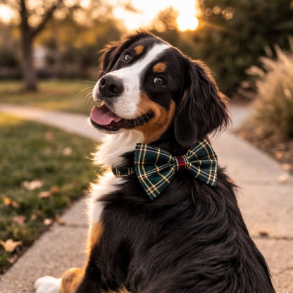 Dog wearing a plaid Christmas bow tie sitting on a path with a sunset background