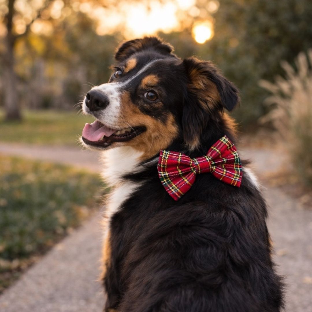 Dog wearing a red plaid Christmas bow tie in a park setting