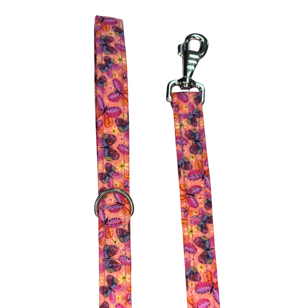 Dog lead with colourful butterfly pattern with swivel clip and d ring