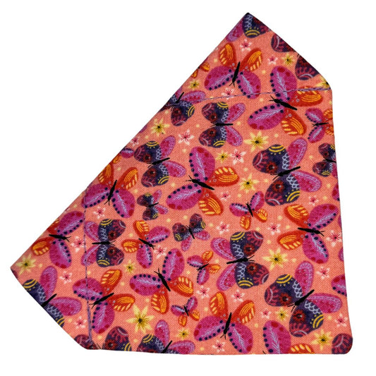 Fabric over the collar dog bandana with colourful butterfly pattern