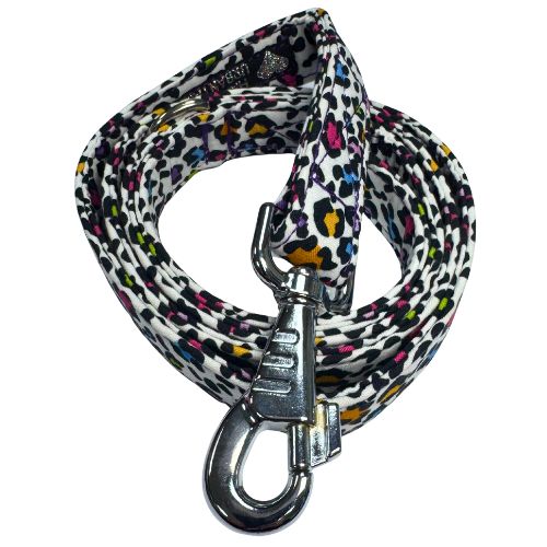 Leash with colourful leopard print pattern