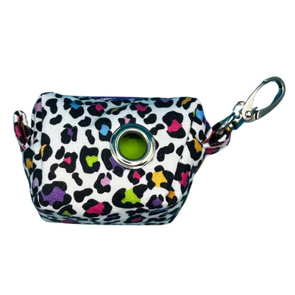 A multicoloured leopard print fabric poo bag holder with metal accessories and a Purple contrasting zip.