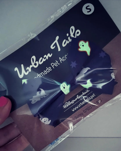 Packaging of Urban Tails handmade pet accessories with Halloween themed glow in the dark ghosts design dog bow.
