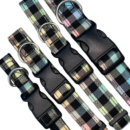 A collection of adjustable dog collars with a rainbow checkered pattern, featuring plastic buckles and metal D rings.