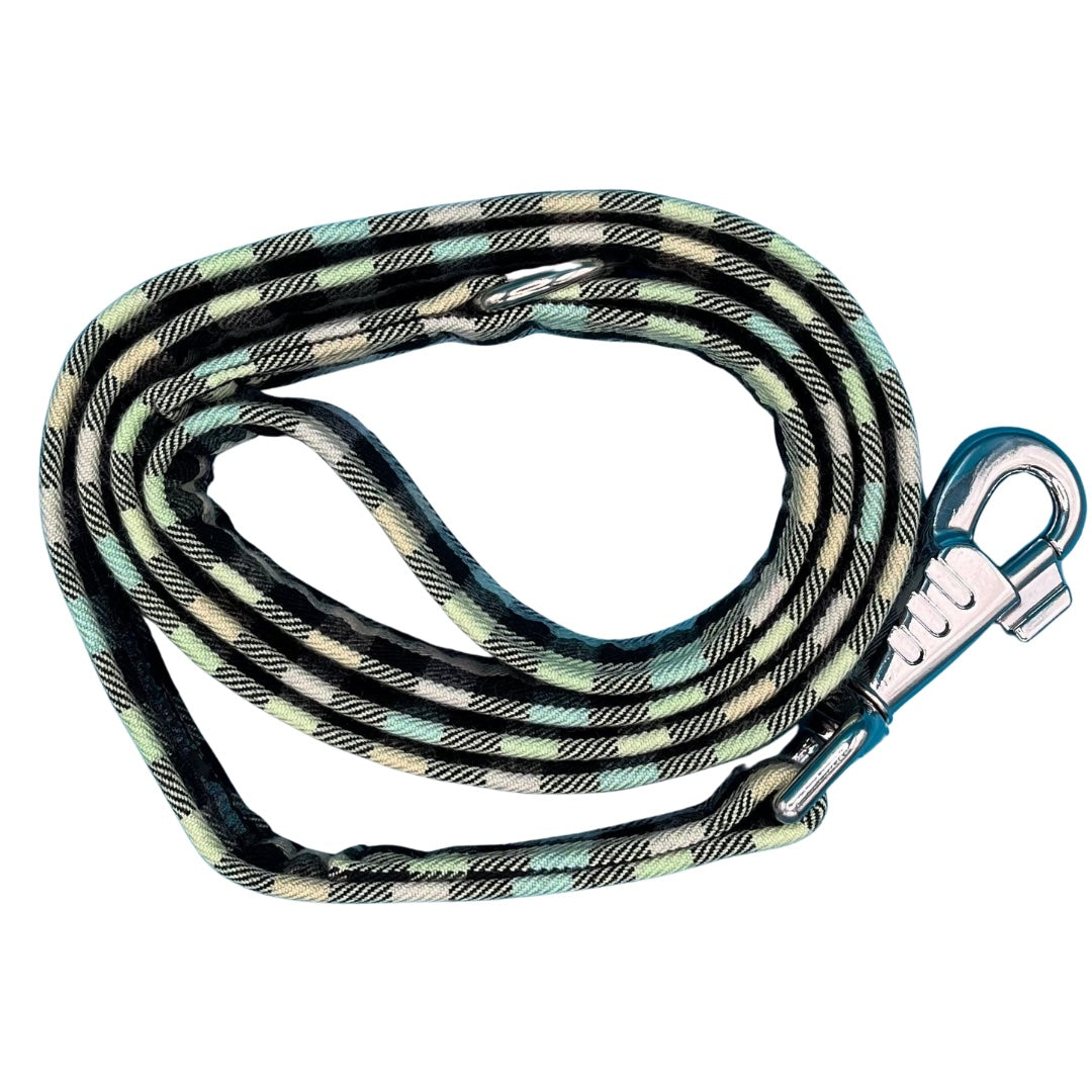 A rainbow check dog lead with silver metal hardware, including a large swivel clip and metal D ring.