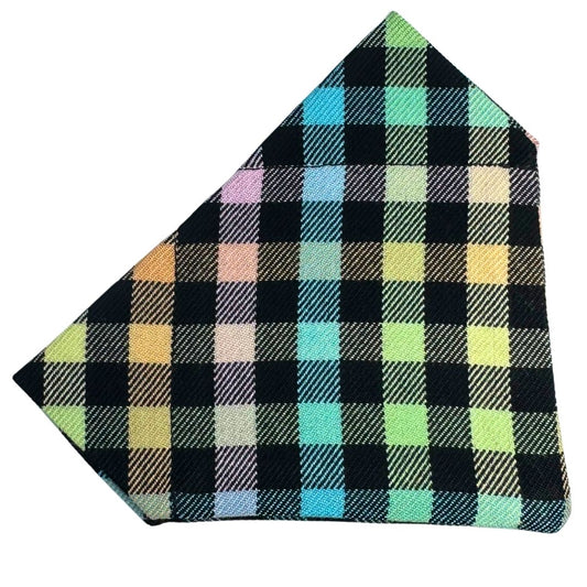 Plaid fabric dog bandana with a multicolour pattern 
