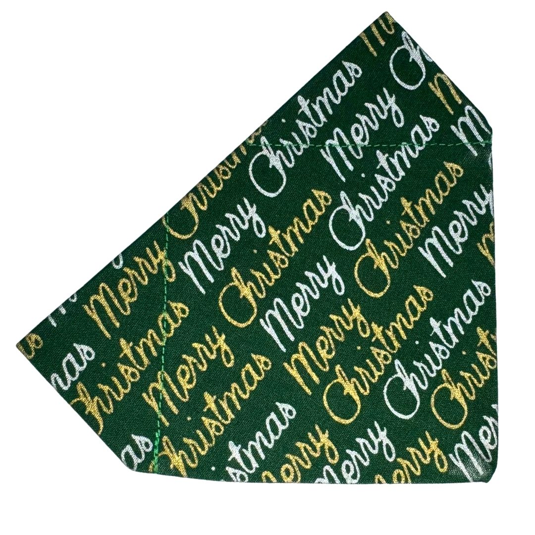 Green Christmas dog bandana with 'Merry Christmas' pattern in silver and gold