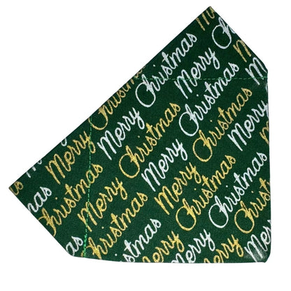 Green Christmas dog bandana with 'Merry Christmas' pattern in silver and gold