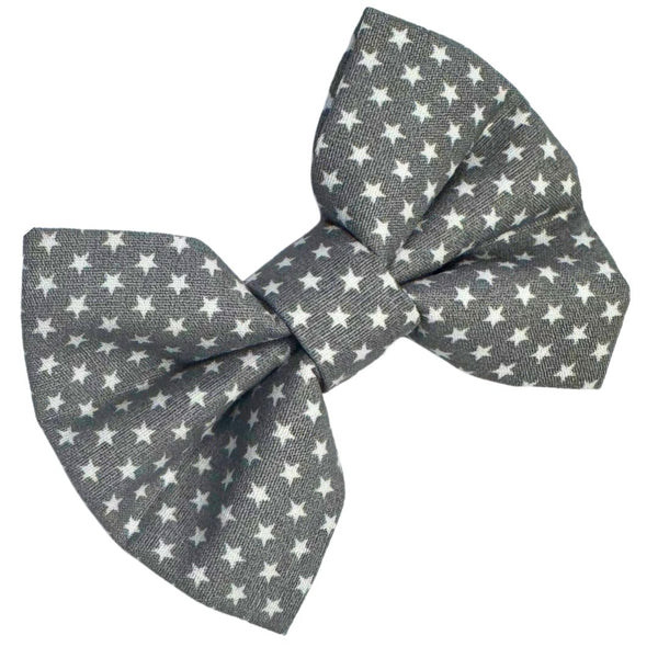 Grey dog bow with white star pattern 