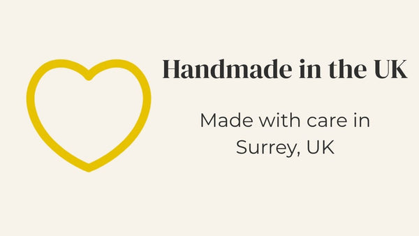 A yellow heart and text 'Handmade in the UK, Made with care in Surrey, UK'