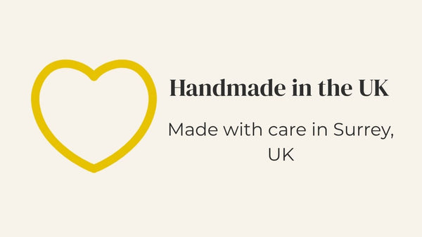 A yellow heart and text 'Handmade in the UK, Made with care in Surrey, UK'