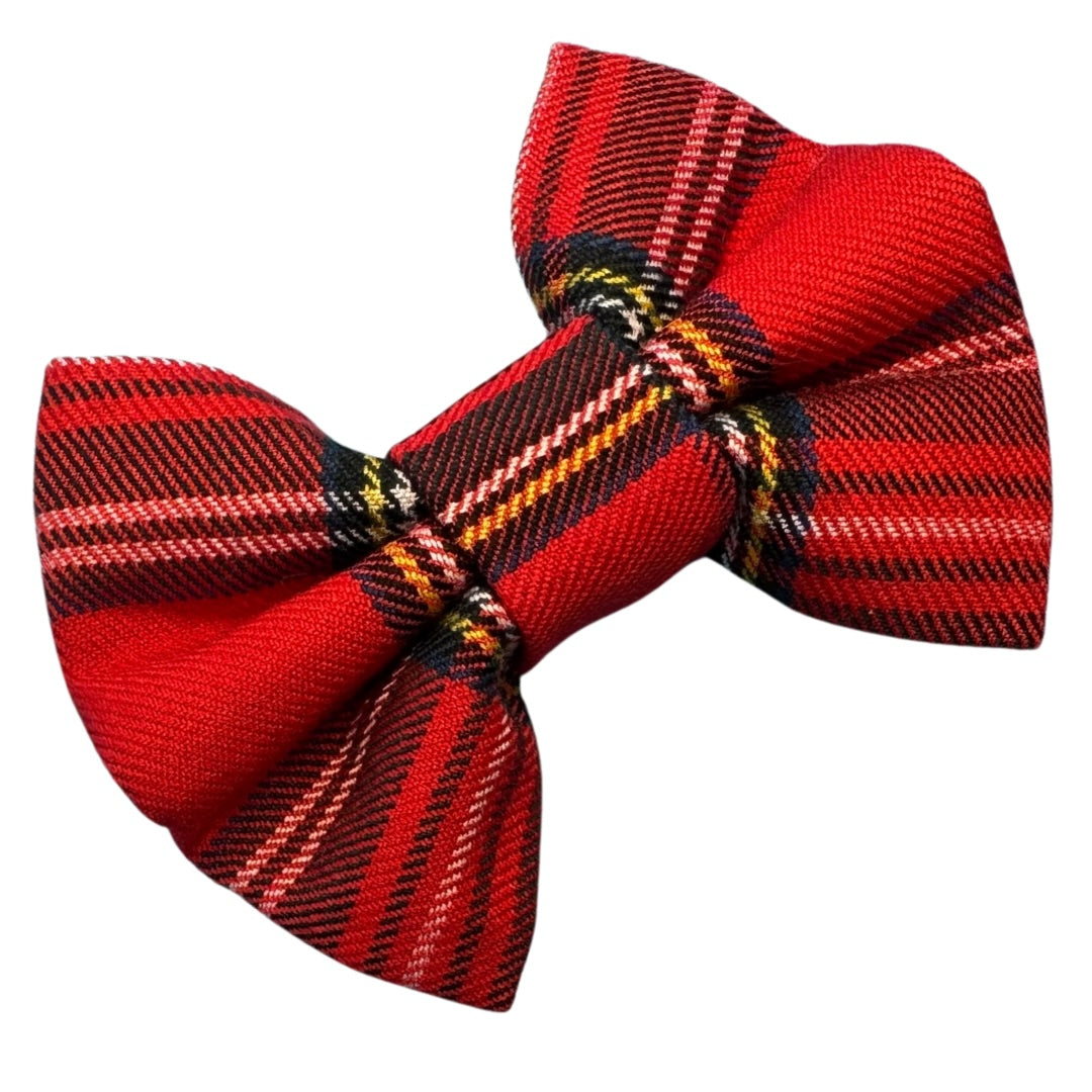 Red plaid dog bow with yellow and black strips
