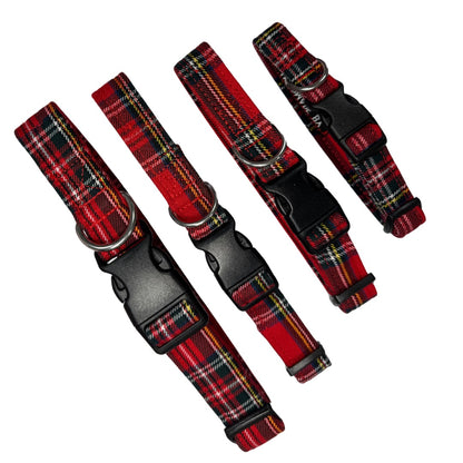 Adjustable red and black tartan dog collars with plastic buckles and metal D rings.