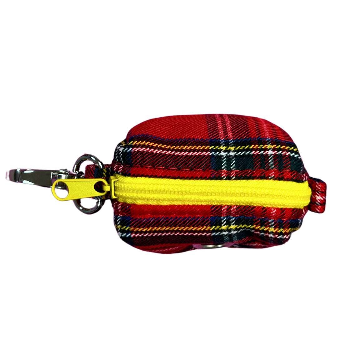 Red plaid poo bag holder with yellow zipper and keychain