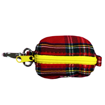Red plaid poo bag holder with yellow zipper and keychain