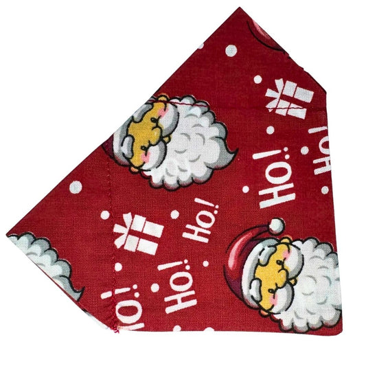 Red dog bandana with Santa Claus design and 'Ho! Ho!' text