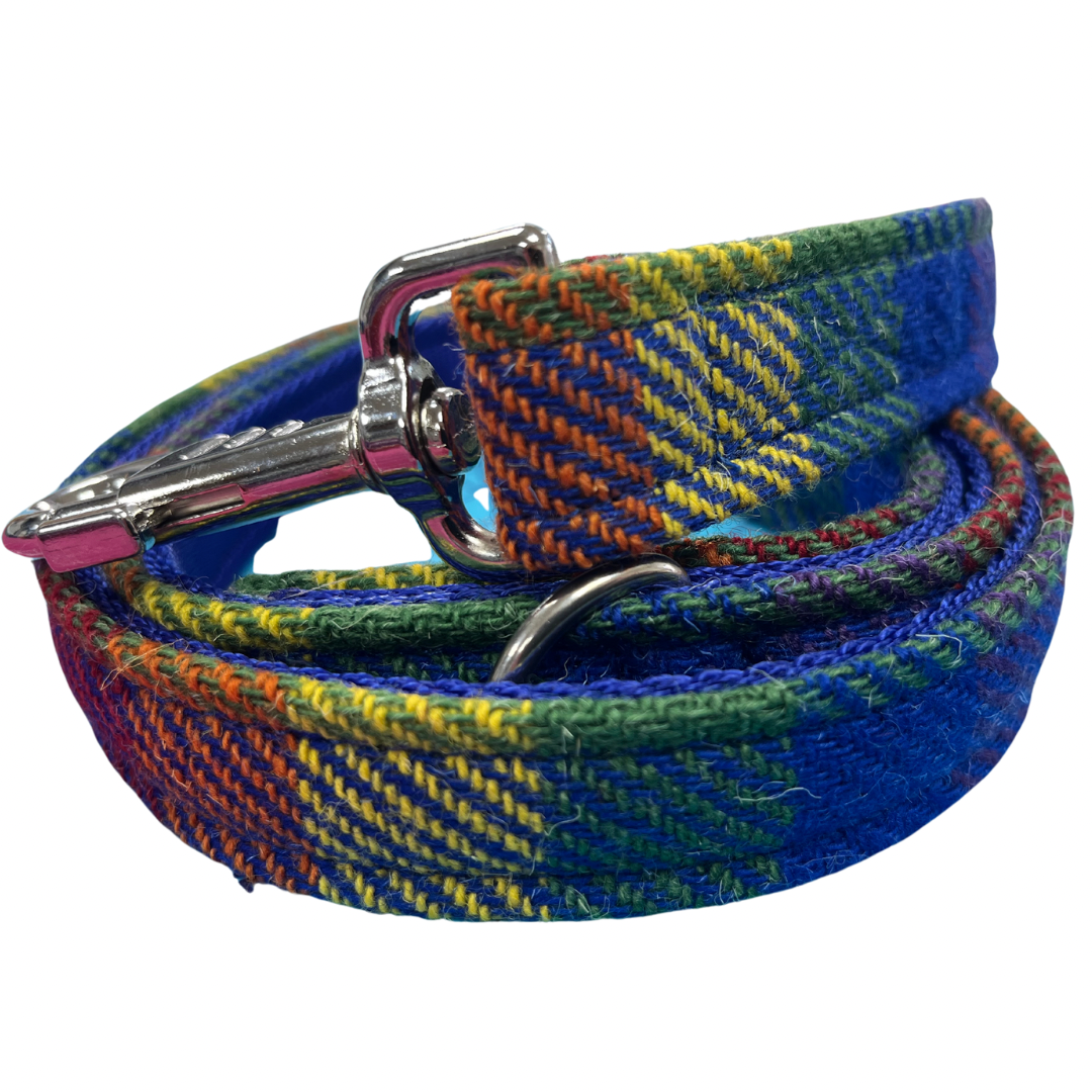 A colourful striped tartan dog lead with a metal clasp, colours are a mix of blue, green, orange, and yellow patterns.