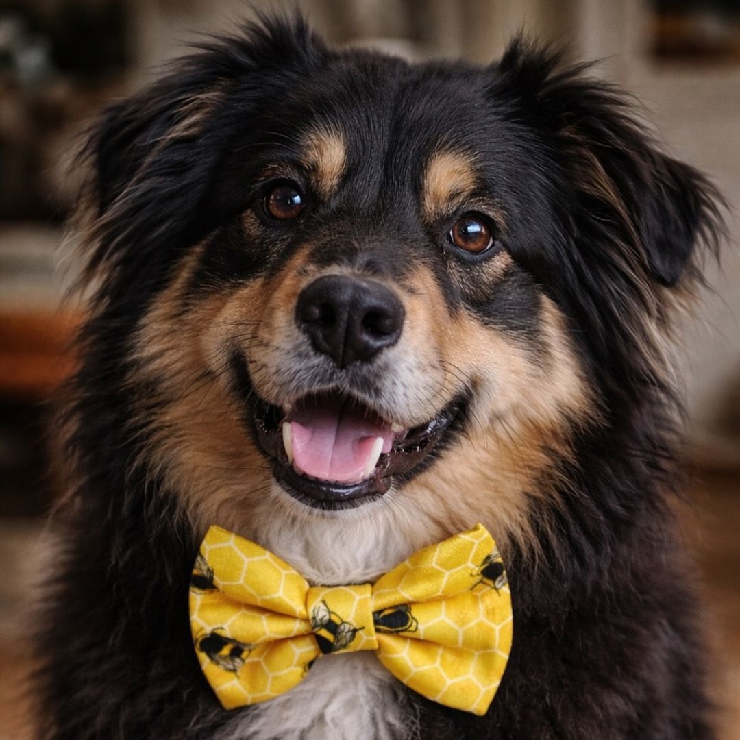 Dog wearing a yellow bow tie with a honeycomb and pee pattern