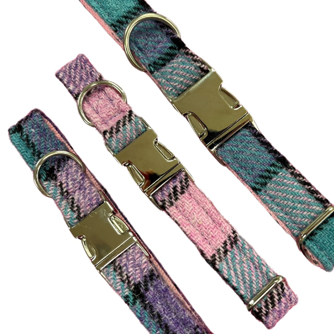 Harris Tweed dog collars in various sizes with metal clasps and a pink, lilac and black tartan pattern.