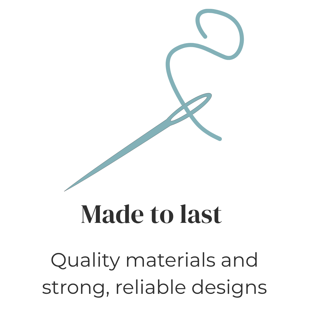 Needle and thread with text 'Made to last, Quality materials and strong, reliable designs' on a white background