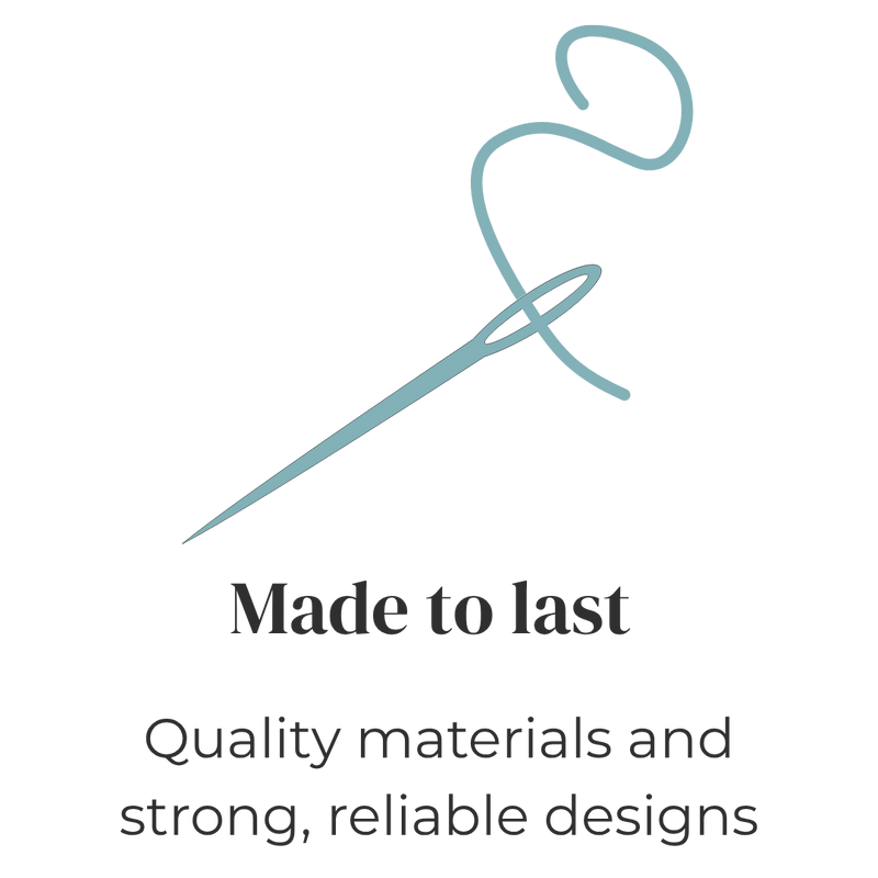 Needle and thread with text 'Made to last, Quality materials and strong, reliable designs' on a white background
