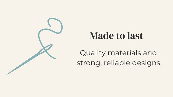 Sewing needle icon with 'Made to last' text on a light background