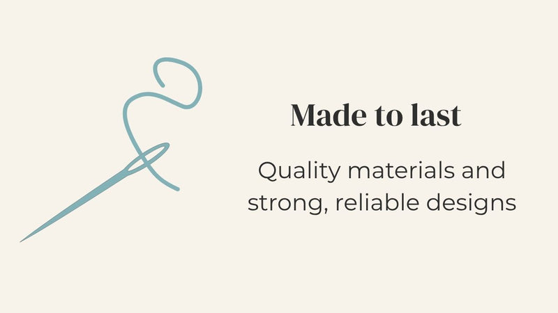 Sewing needle icon with 'Made to last' text on a light background