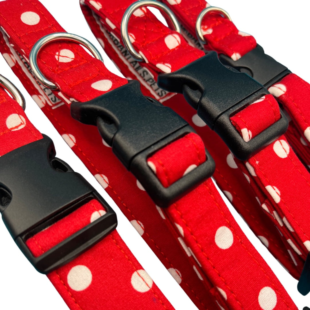 A collection of red dog collars with white polka dots and black plastic buckles.