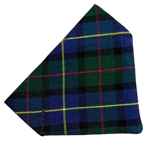 Green, blue and red tartan fabric over the collar dog bandana
