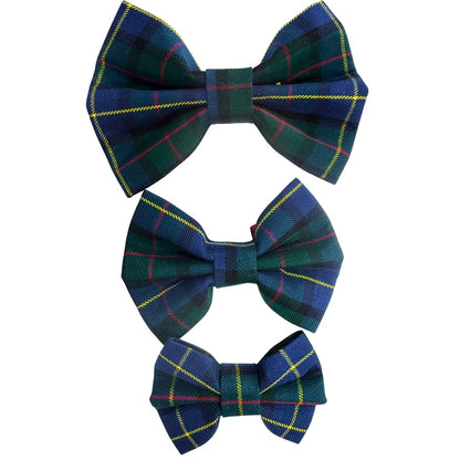 Three blue and green Tartan dog bows