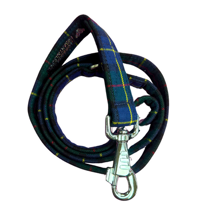 Blue and green tartan dog leash with a metal clip on a white background