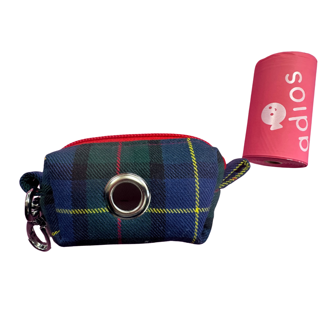 Blue and Green Tartan poo bag pouch with red zip and keychain. With a pink roll of adios poo bags on a white background