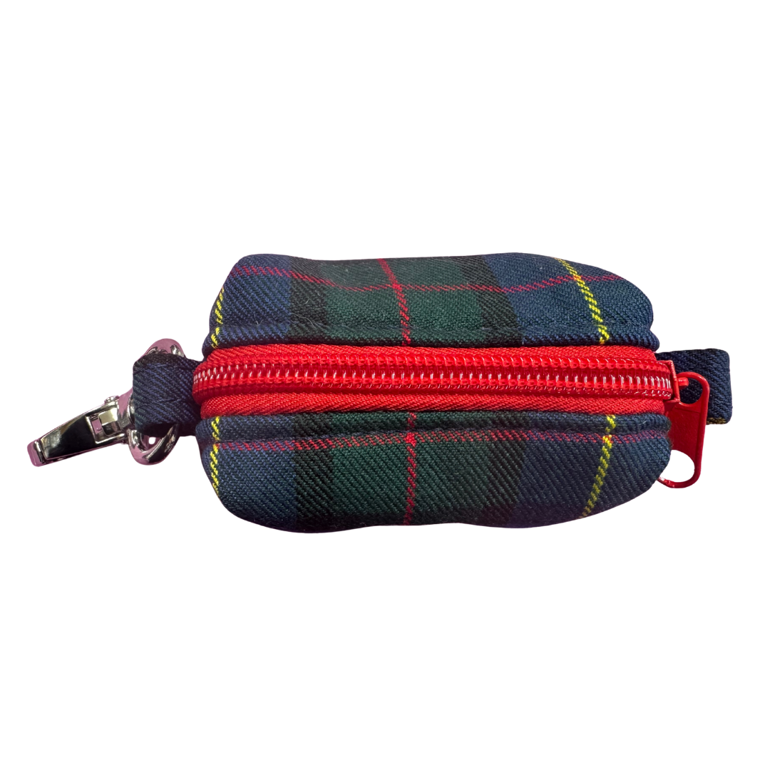 Blue and Green tartan pouch with a red zipper on a white background