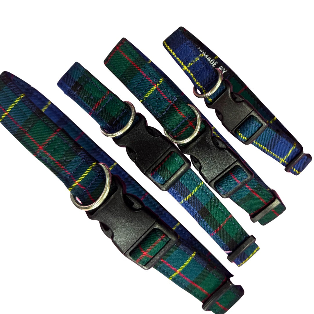 Set of blue and green tartan dog collars with adjustable buckles and d-ring on a white background