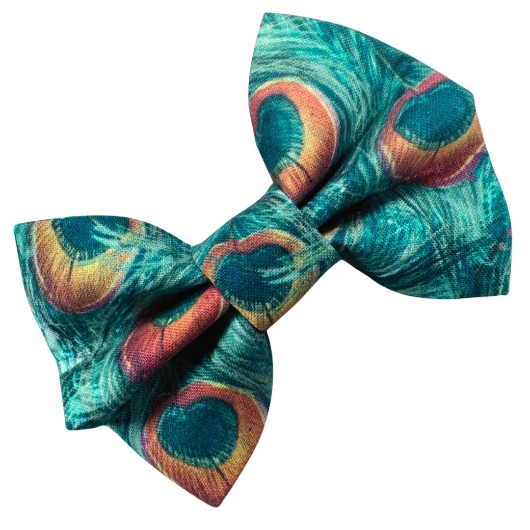 Colourful bow with peacock feather pattern