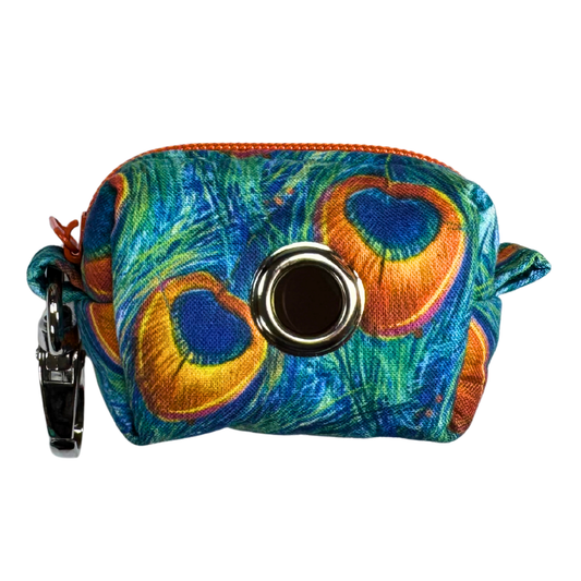 Bright blue and orange peacock feather poo bag holder