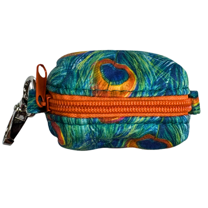 Bright blue and orange peacock feather poo bag holder with an orange zipper