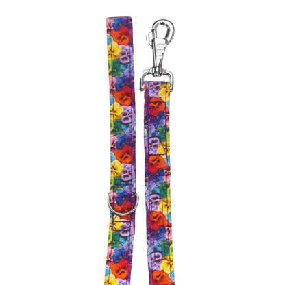 A multicoloured pansy floral fabric dog lead with silver metal hardware, including a large swivel clip and metal D ring.