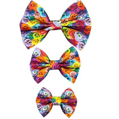 Three colourful pansy patterned floral dog bow tie in small, medium and large