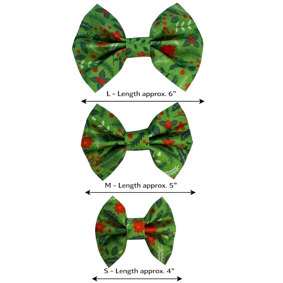Three green pet bow ties with red floral patterns including measurements