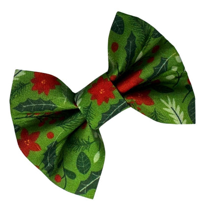 Green pet bow with red floral pattern