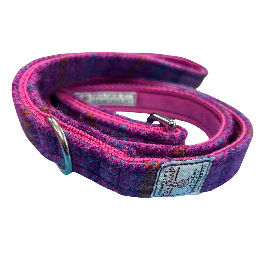 Pink and purple tartan dog lead with metal clip and d-ring