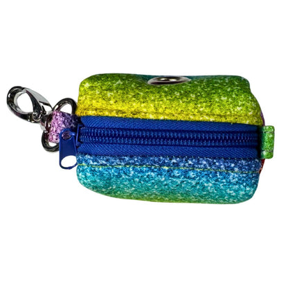Colourful glittery poo bag holder with a blue zipper and keychain clip