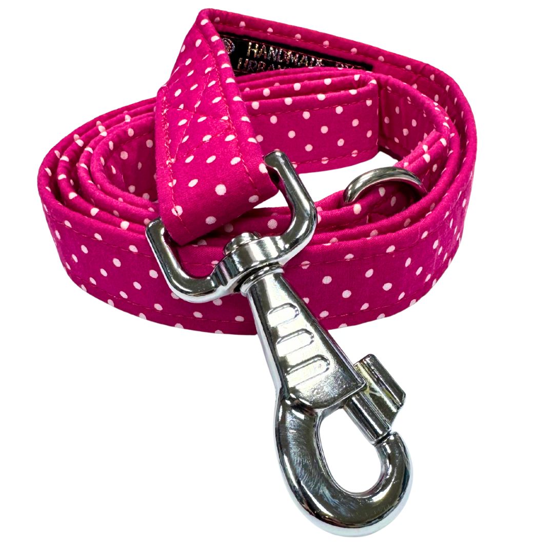 Pink polka dot dog leash with silver clasp