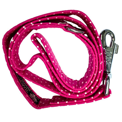 Pink dog leash with white polka dots and metal clip