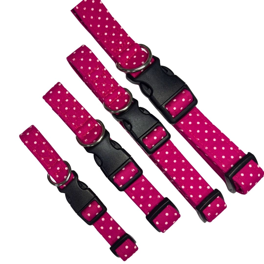 Set of three pink dog collars with white polka dots