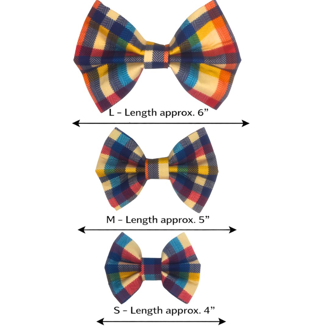 Three Richmond tartan bows in small, medium and large with measurements