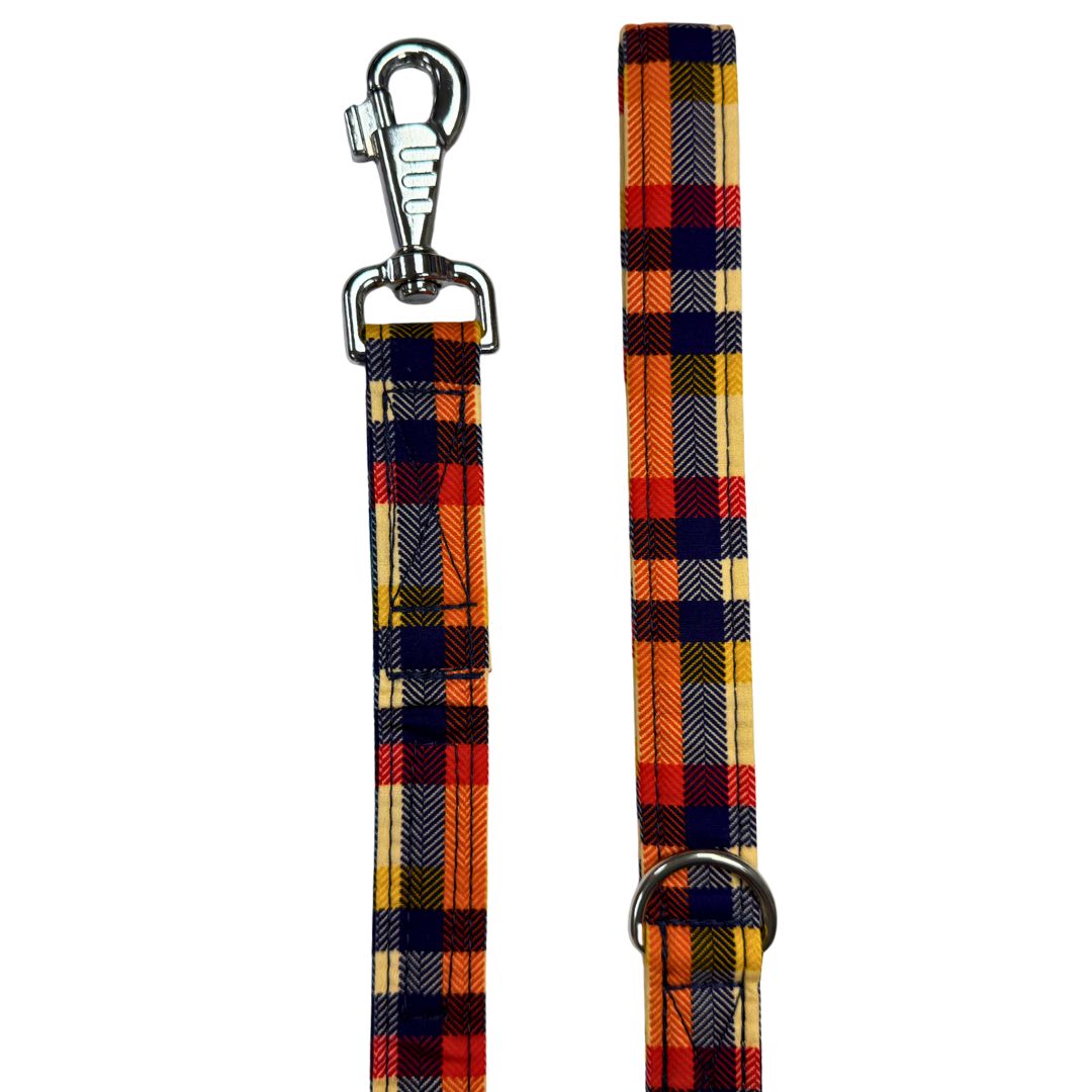 Handmade Richmond Tartan Fabric orange, cream, navy dog leash with metal clasp