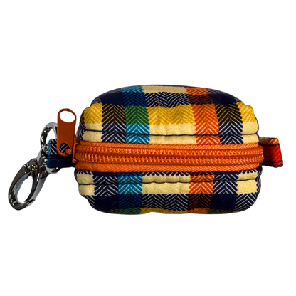 Multicoloured checkered poo bag holder pouch with orange zipper and keychain