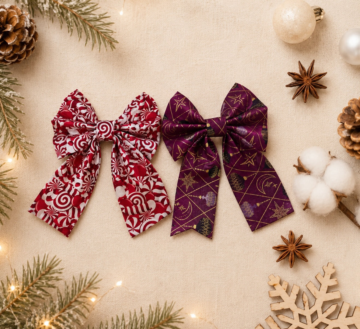 Two patterned pet bows on a festive background with Christmas decorations.